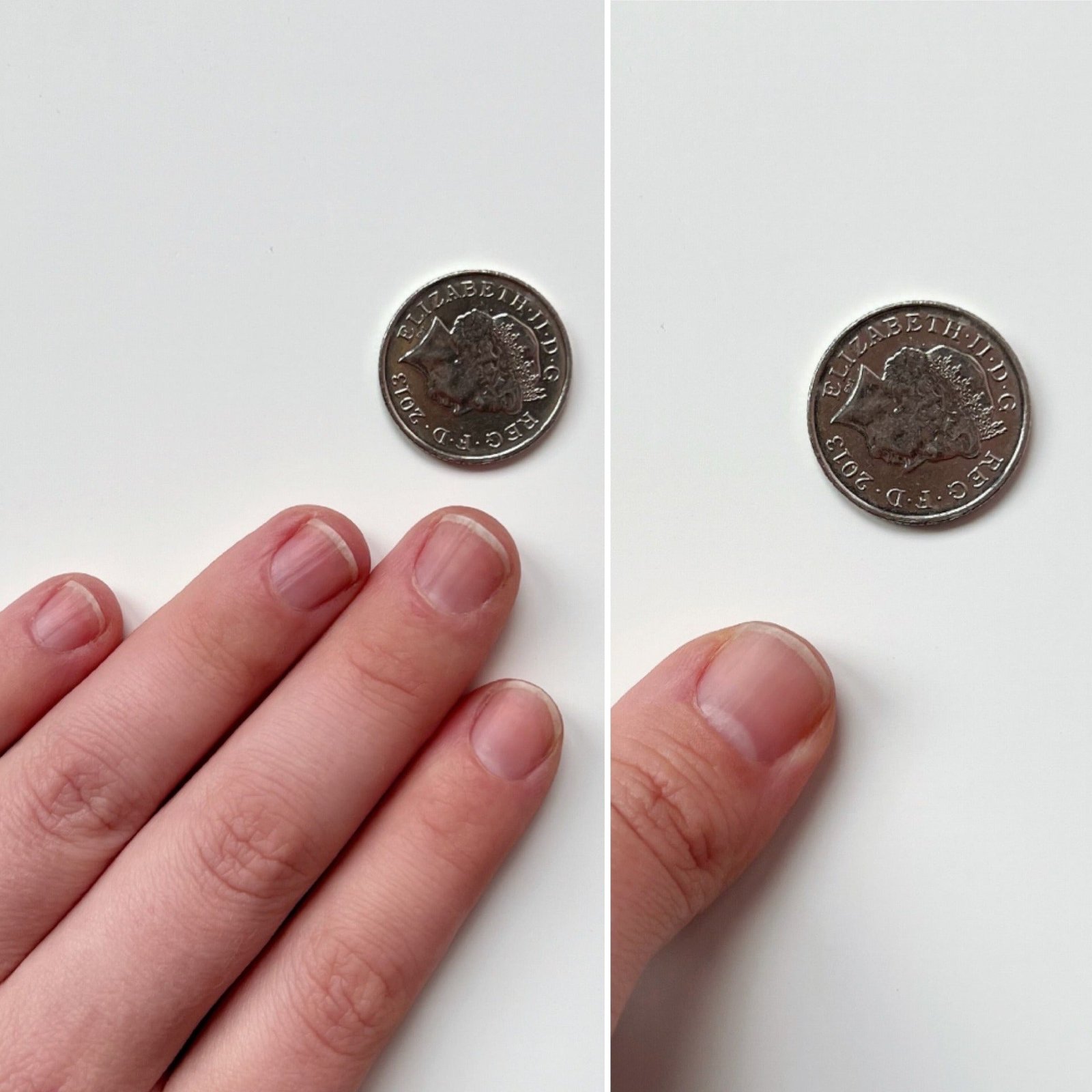 Nail sizing coin measurement reference photo showing fingers flat beside a standard coin