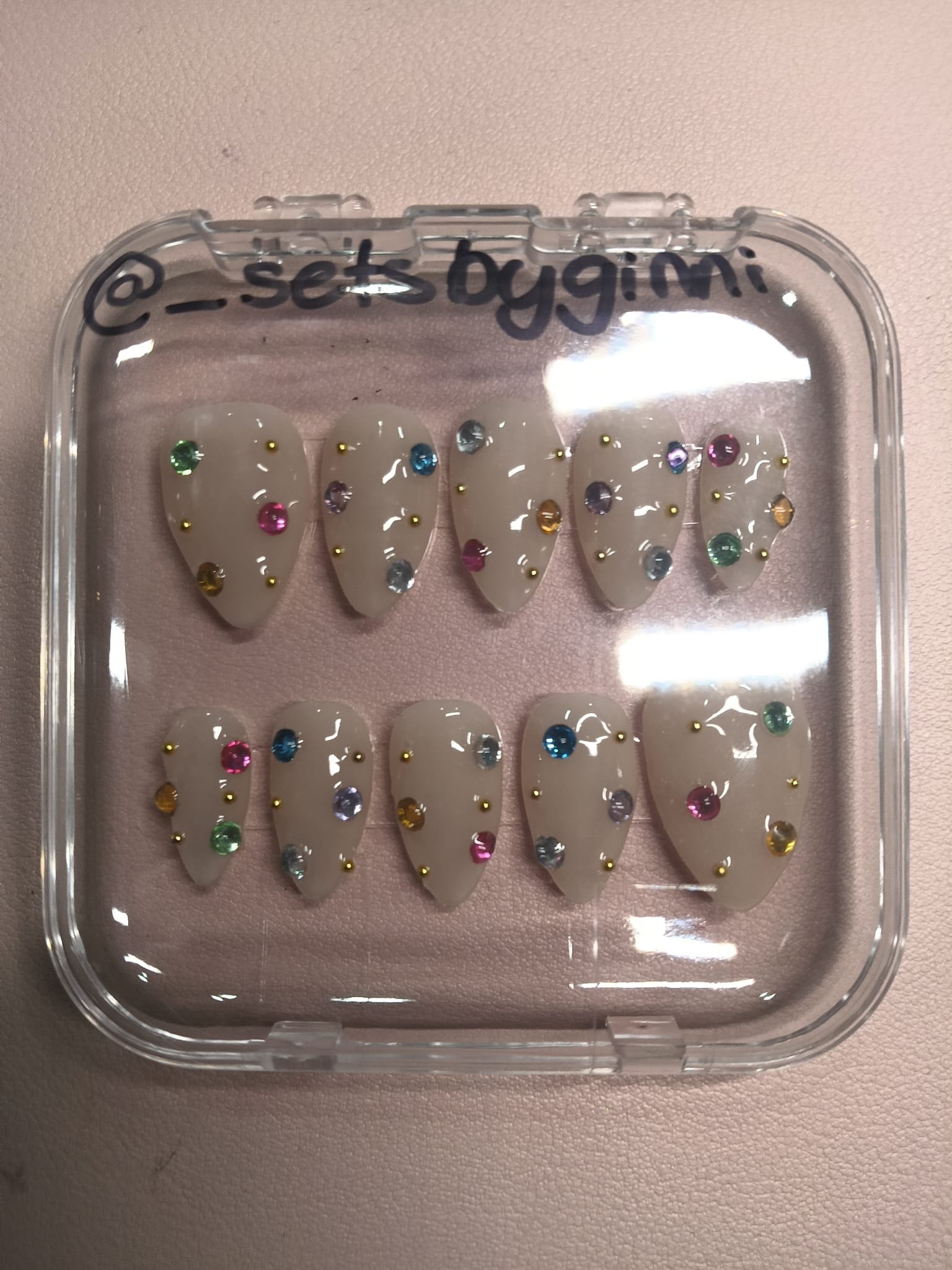Milky Quartz & Gem Stiletto press-on nail set by Sets by Ginni