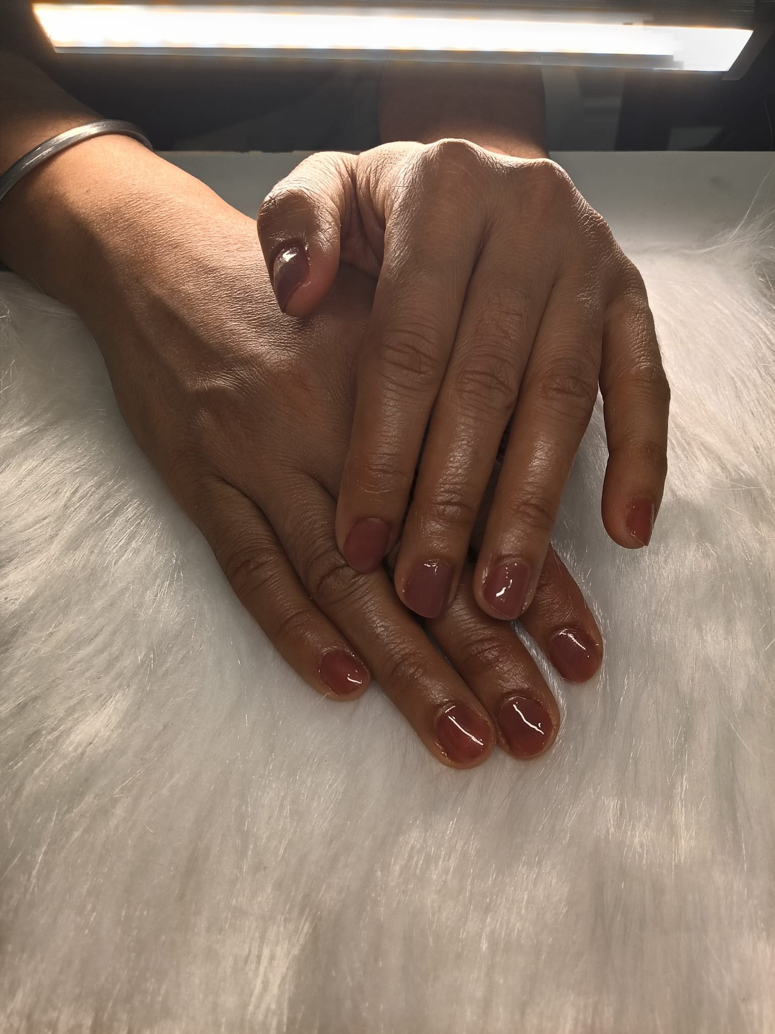 Glossy Chestnut Nude — Sets by Ginni nail set worn on hands