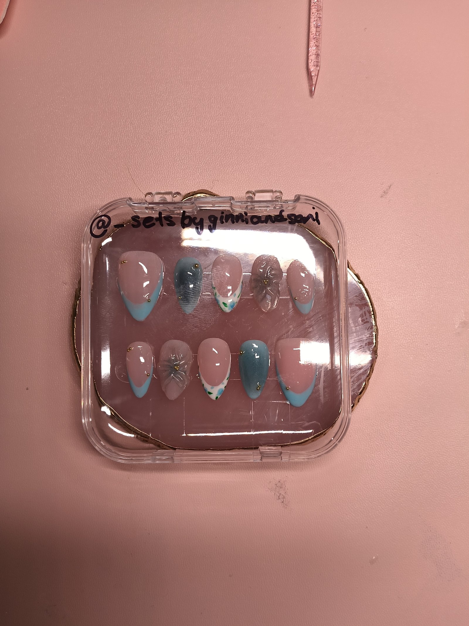 Garden Mist & Aquamarine Bloom press-on nail set by Sets by Ginni