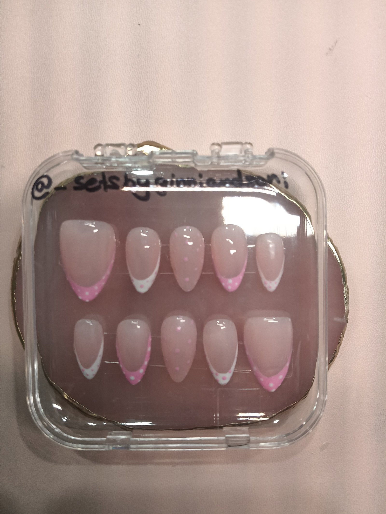Pink Dot French Almond press-on nail set by Sets by Ginni